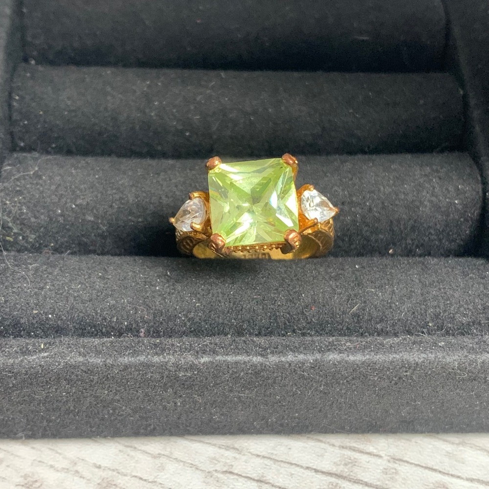Vintage Gold Plated Lime Green Square Cut Cocktail Ring Size 5.75 18KGP 4661